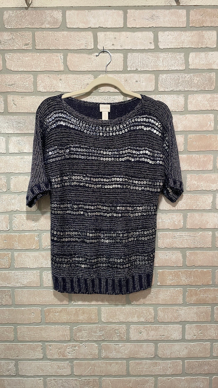 SILVER/NAVY METALLIC SWEAT$129