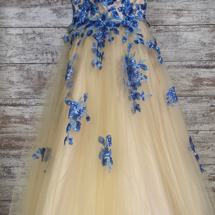 TAN/BLUE FLORAL PRINCESS GOWN