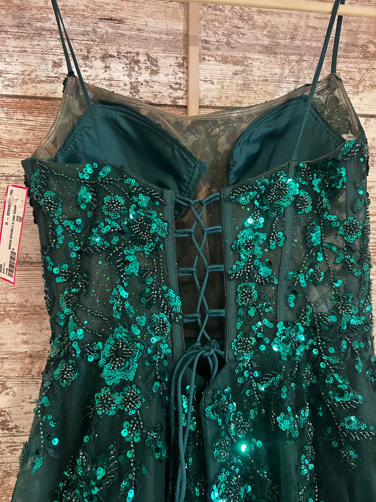GREEN SPARKLY A LINE GOWN
