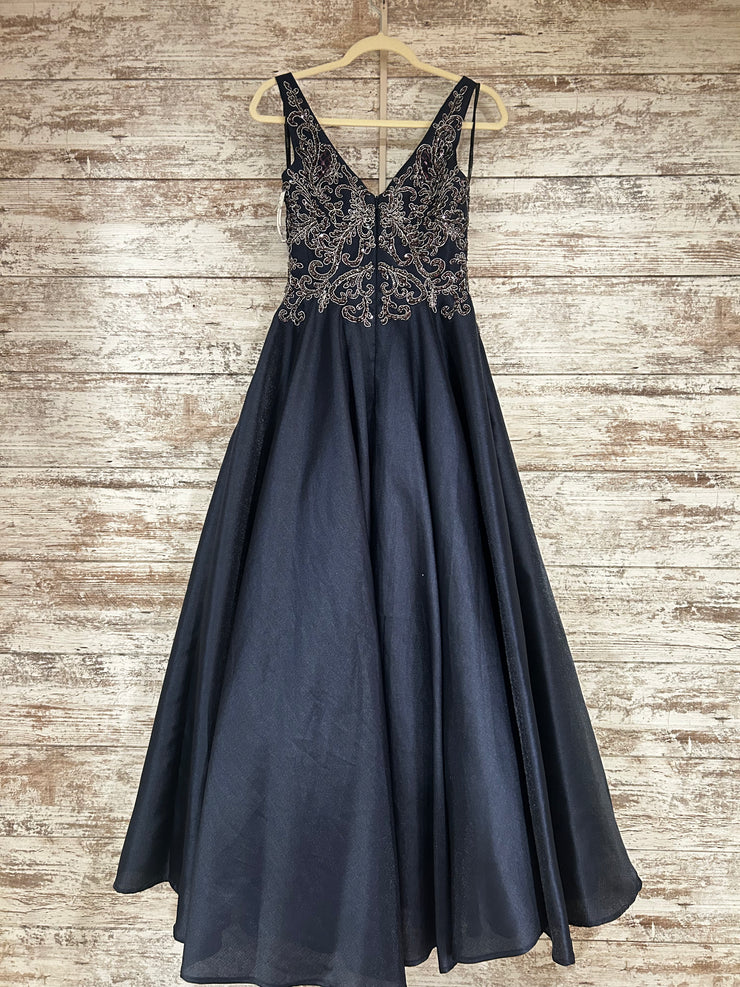 NAVY/SILVER A LINE GOWN