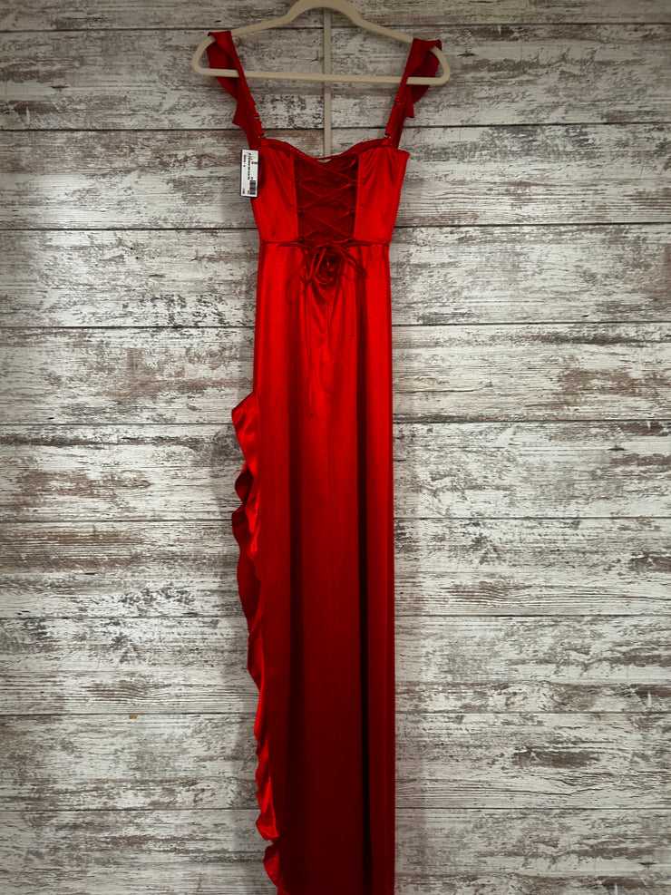 RED SATIN LONG EVENING GOWN