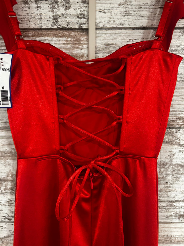 RED SATIN LONG EVENING GOWN