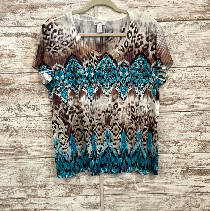 TAN/TURQUOISE SHORT SLEEVE TOP