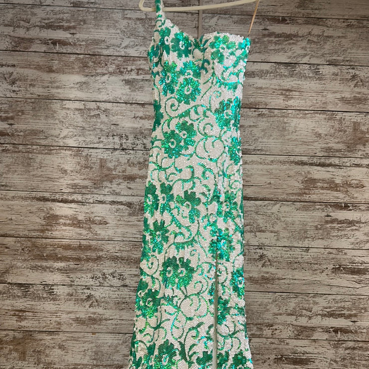 GREEN/WHITE SEQUIN LONG DRESS