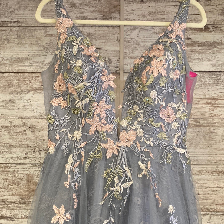 GRAY/FLORAL A LINE GOWN
