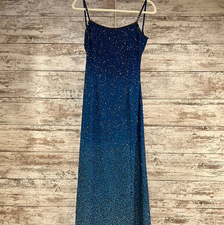 BLUE BEADED LONG EVENING GOWN