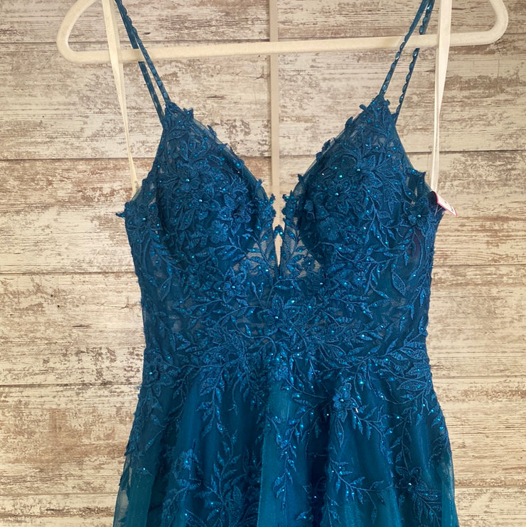 TEAL/FLORAL A LINE GOWN