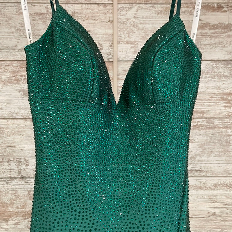 GREEN BEADED LONG EVENING GOWN