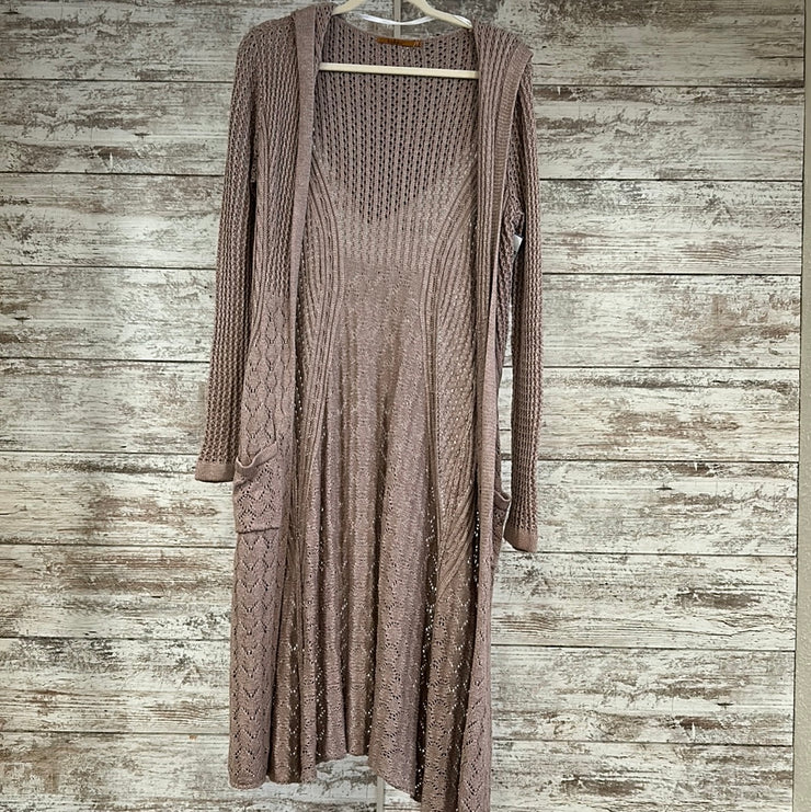 TAN CROCHET LONG OPEN CARDIGAN