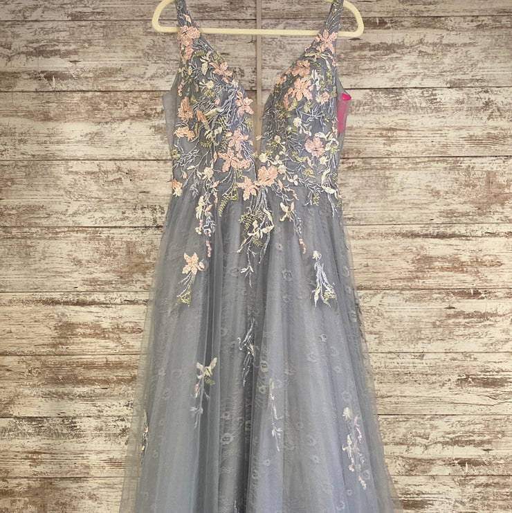 GRAY/FLORAL A LINE GOWN