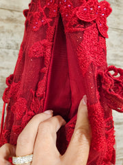 RED/FLORAL SPARKLY A LINE GOWN