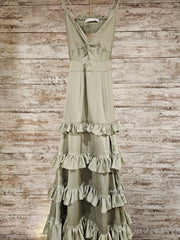 GREEN RUFFLED LONG EVENING GOW