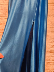 BLUE SATIN LONG EVENING GOWN