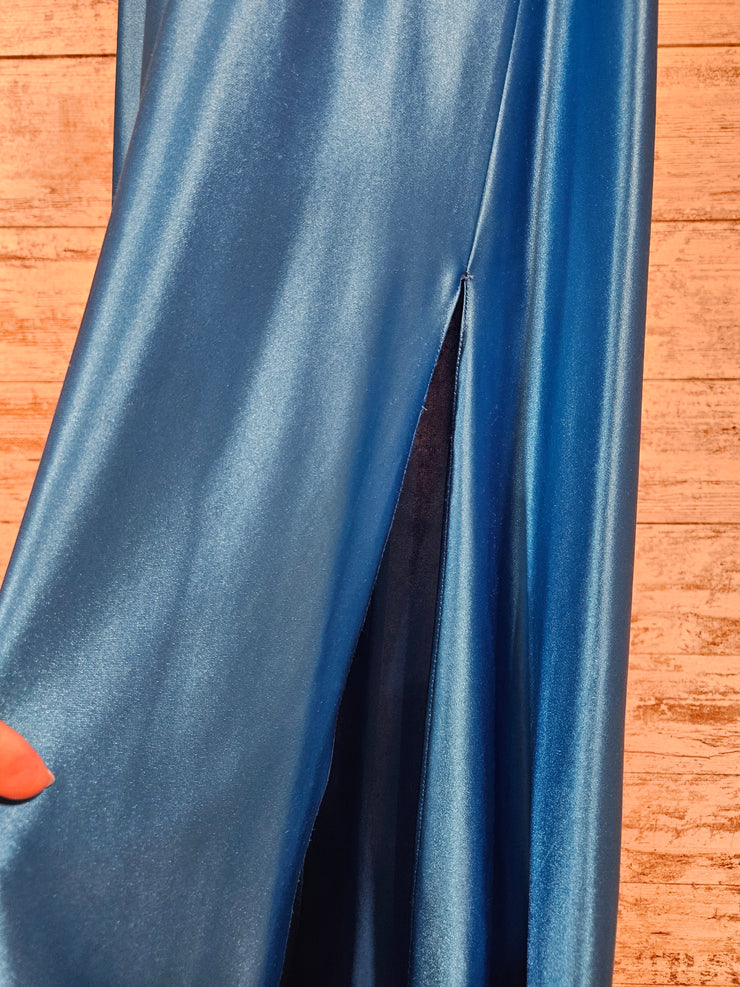 BLUE SATIN LONG EVENING GOWN