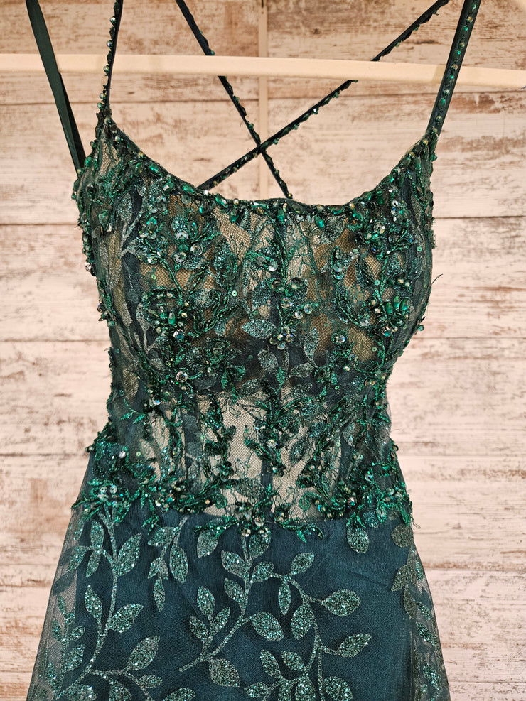 GREEN SPARKLY A LINE GOWN