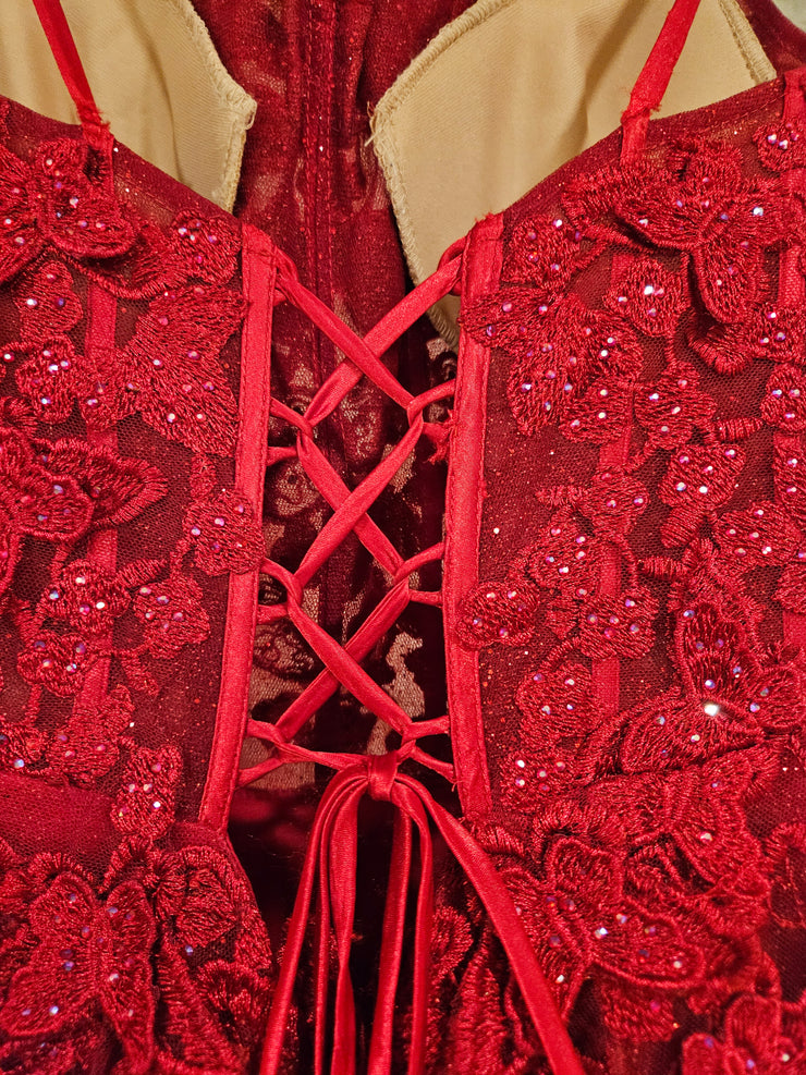 RED/FLORAL SPARKLY A LINE GOWN