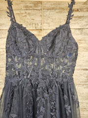 BLUE/GRAY FLORAL A LINE GOWN