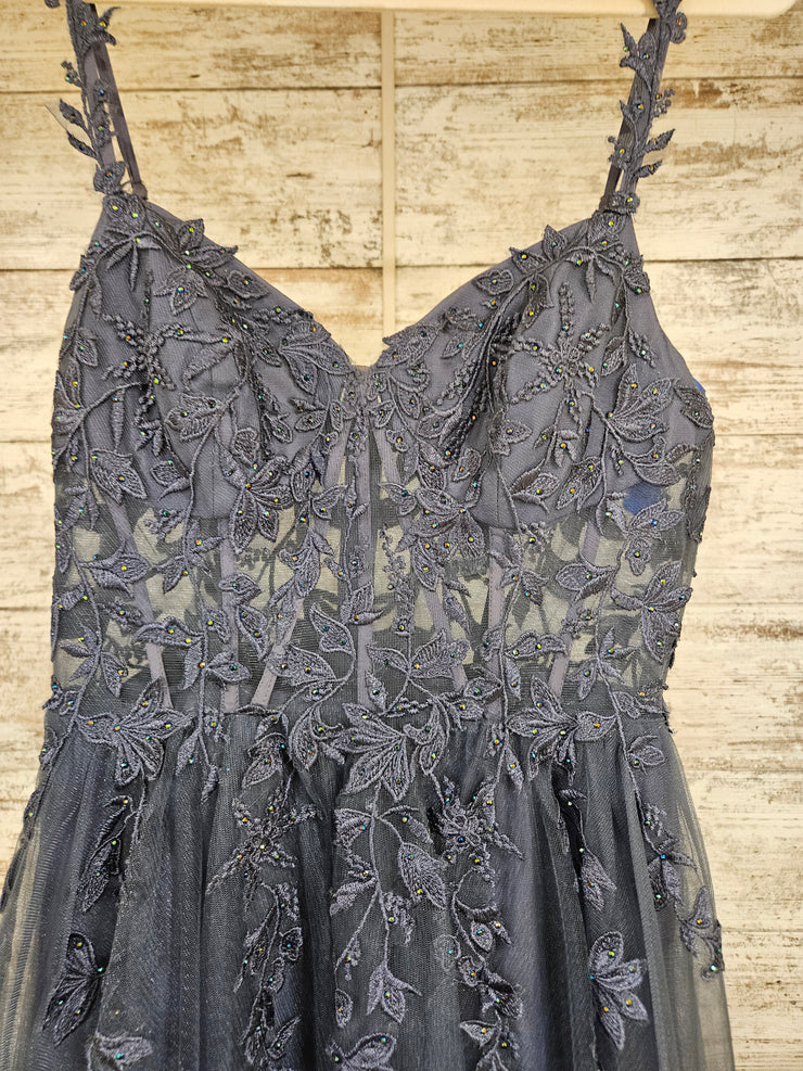 BLUE/GRAY FLORAL A LINE GOWN