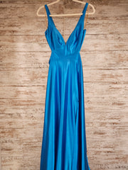 BLUE SATIN LONG EVENING GOWN