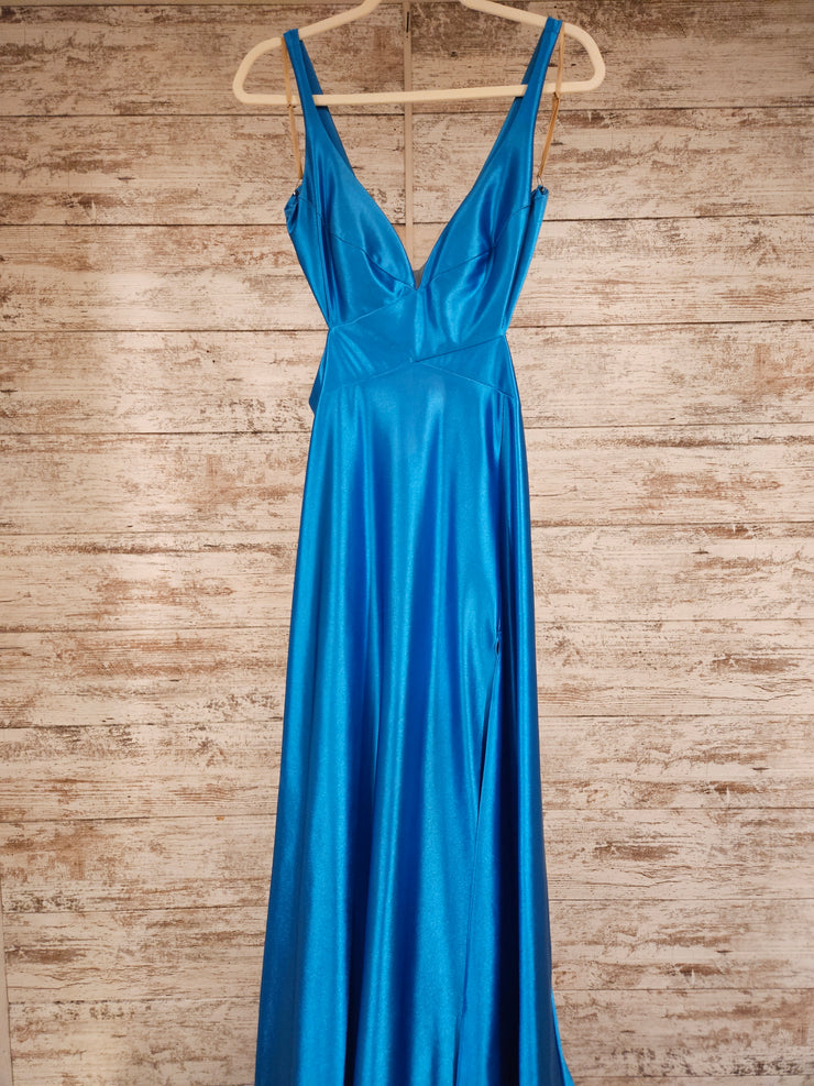 BLUE SATIN LONG EVENING GOWN