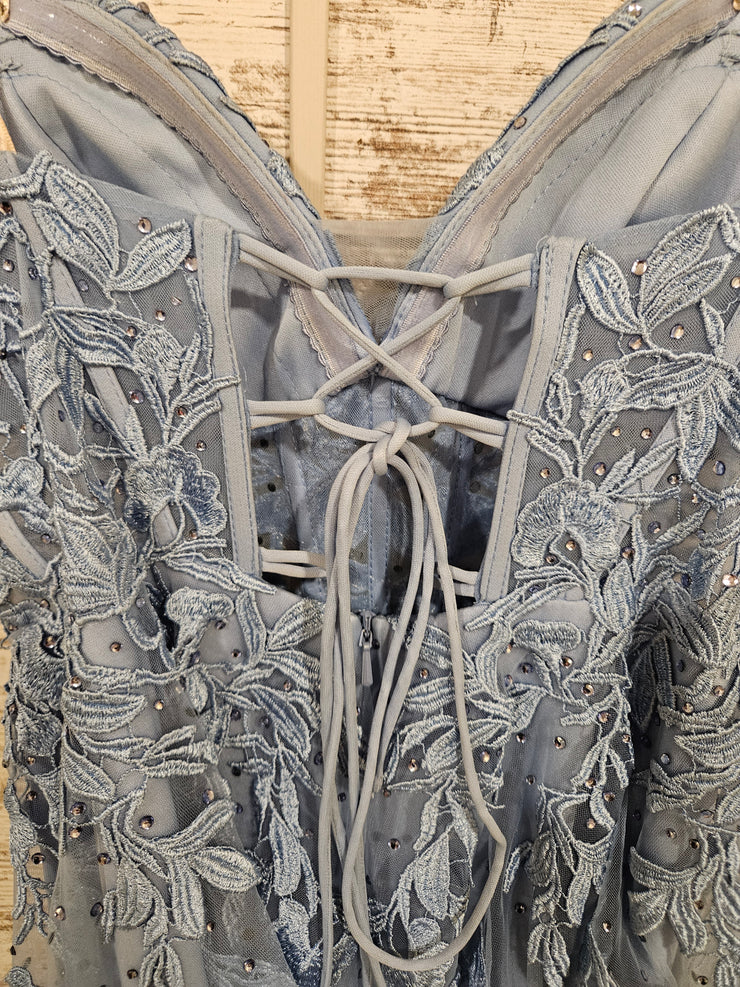 BLUE/FLORAL A LINE GOWN $500