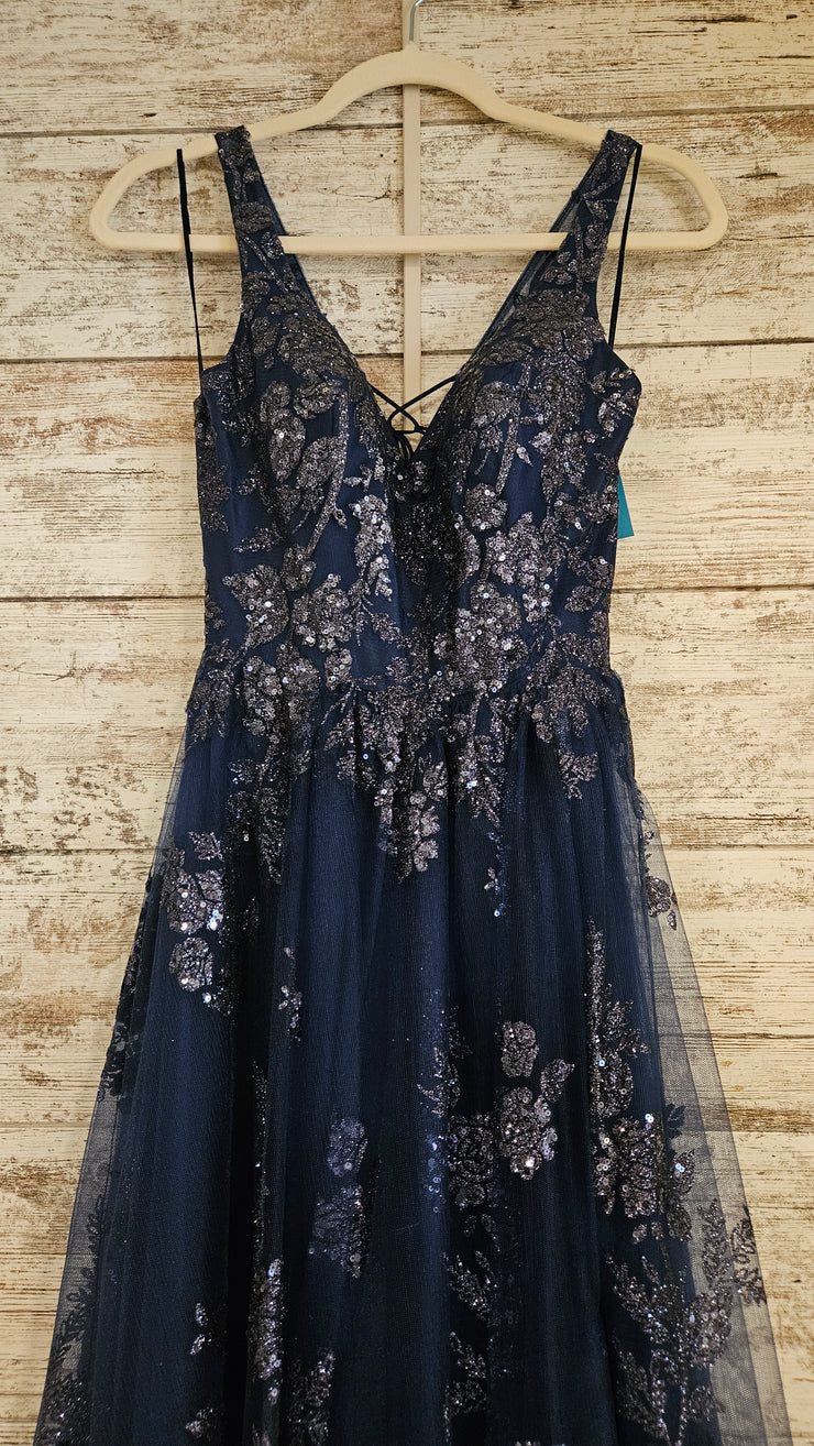 NAVY/SILVER A LINE GOWN (NEW)