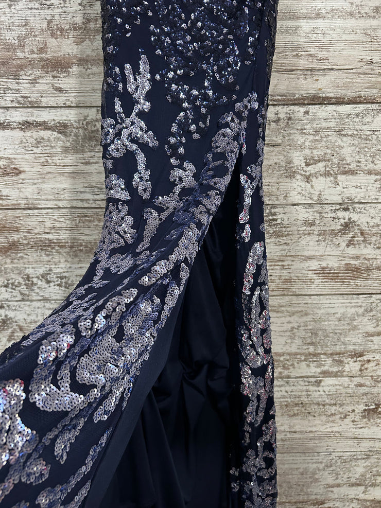NAVY/SILVER LONG EVENING GOWN
