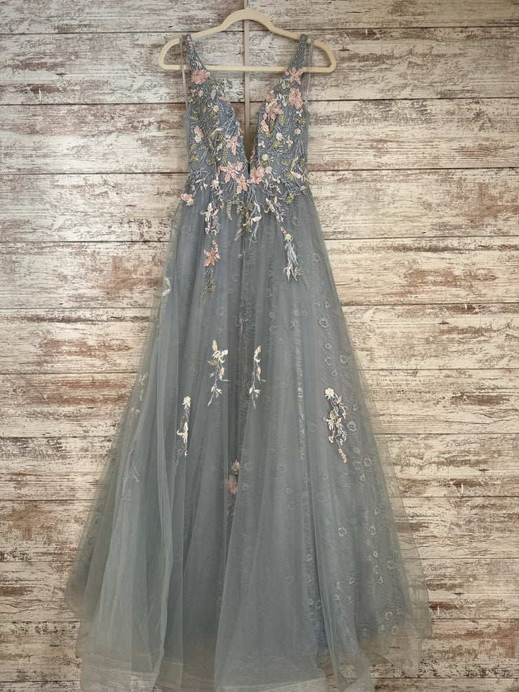 GRAY/FLORAL A LINE GOWN
