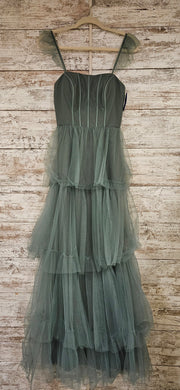 GREEN RUFFLED A LINE GOWN