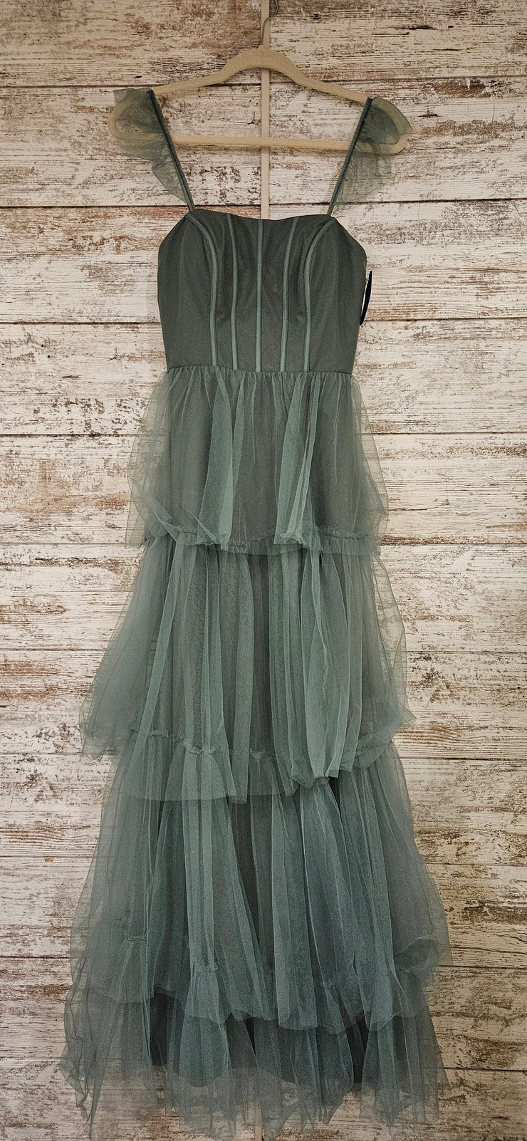 GREEN RUFFLED A LINE GOWN