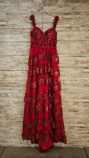 RED RUFFLED SPARKLY LONG DRESS
