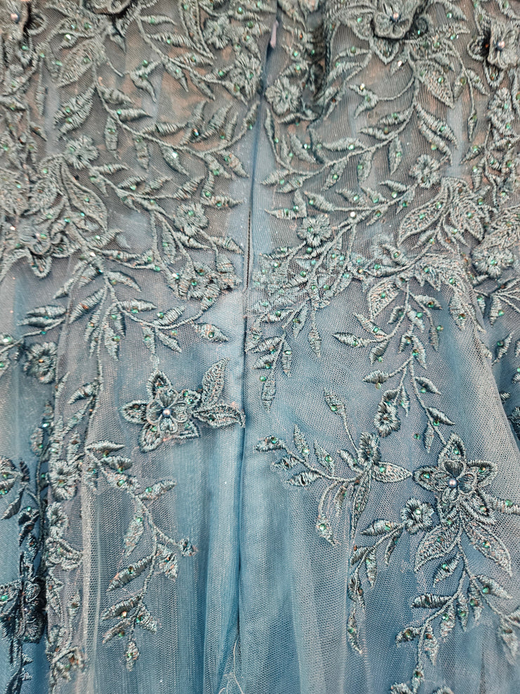 TEAL/FLORAL A LINE GOWN