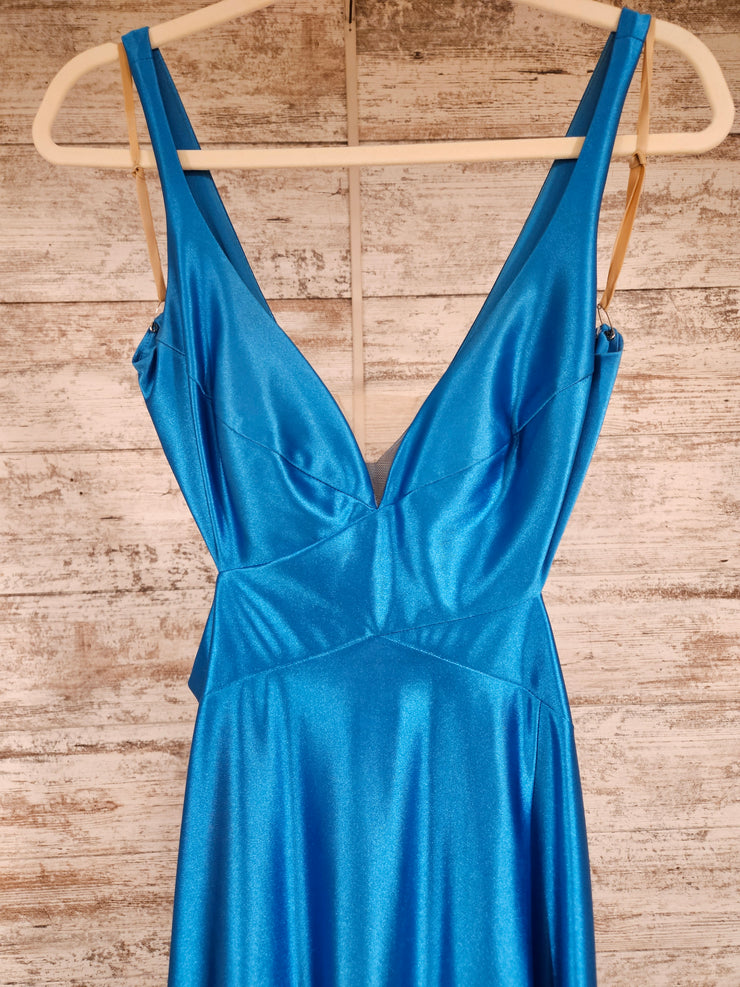 BLUE SATIN LONG EVENING GOWN