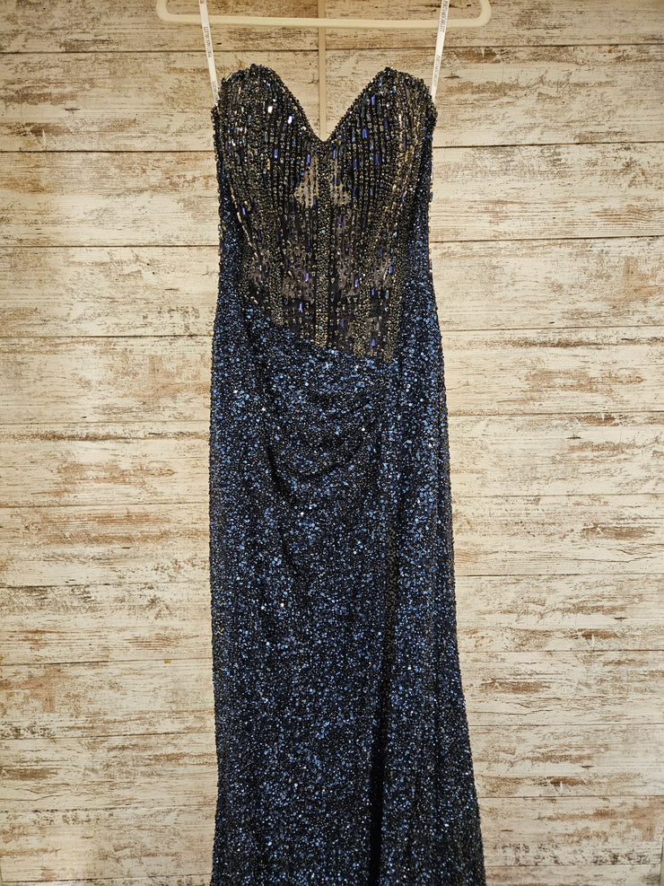 NAVY BEADED LONG EVENING GOWN