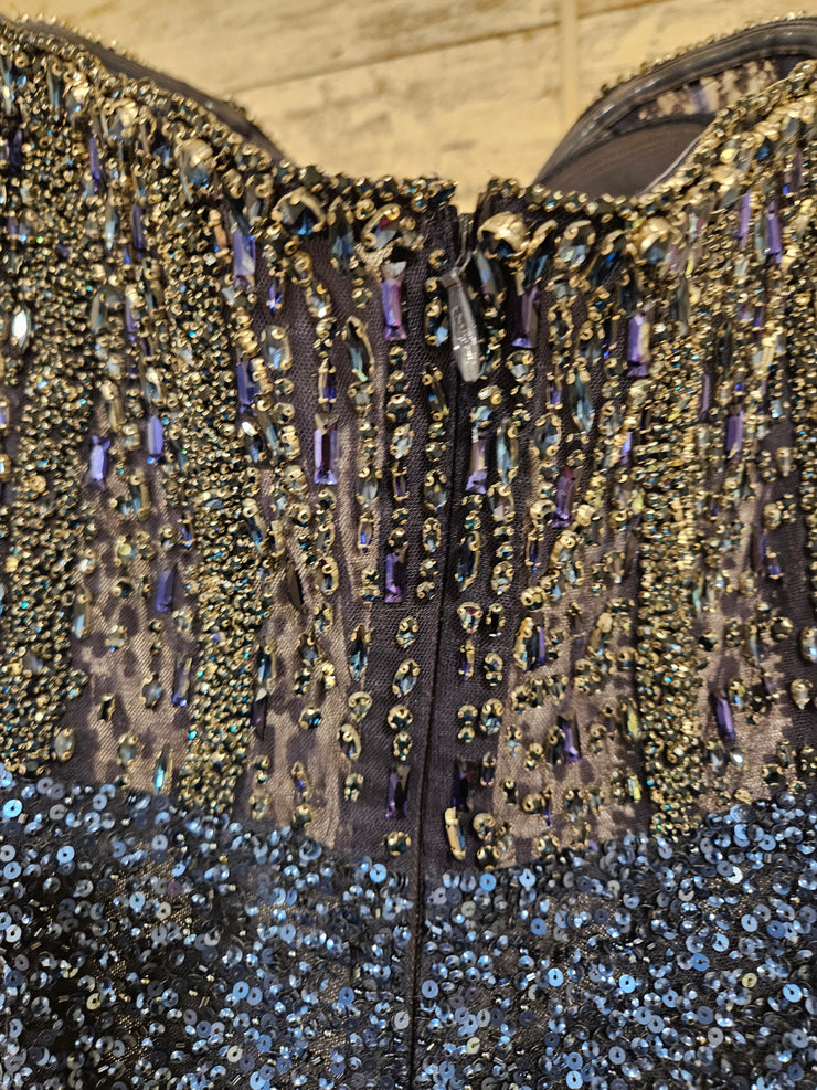 NAVY BEADED LONG EVENING GOWN