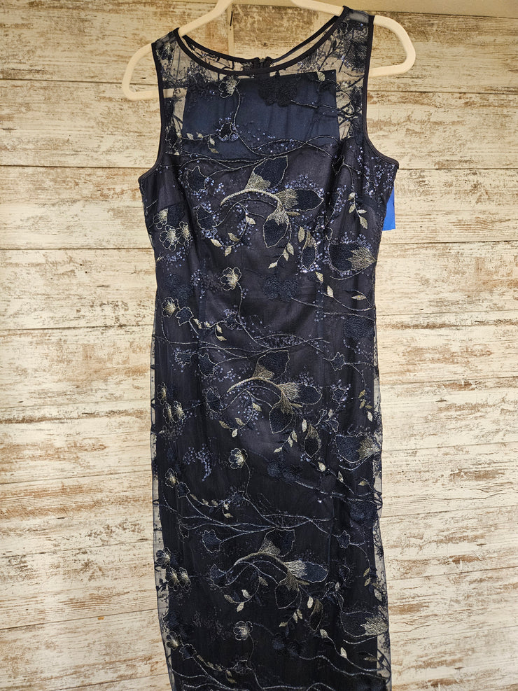 NAVY FLORAL LONG EVENING GOWN W/ SHAWL