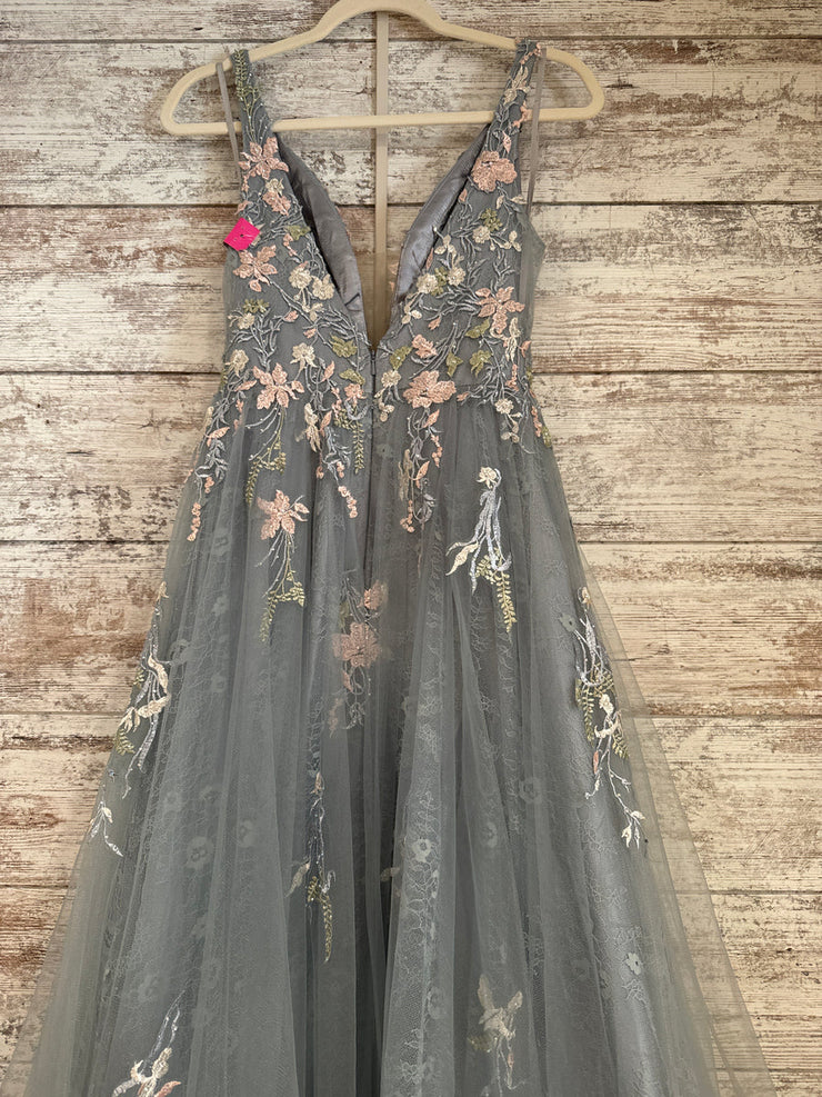 GRAY/FLORAL A LINE GOWN