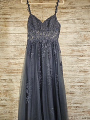 BLUE/GRAY FLORAL A LINE GOWN