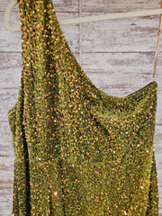 GREEN SEQUIN A LINE GOWN