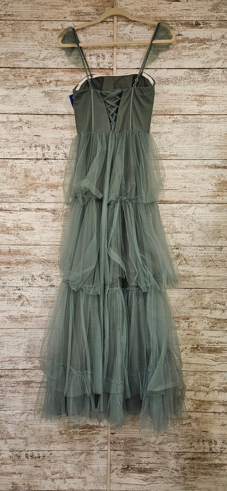 GREEN RUFFLED A LINE GOWN