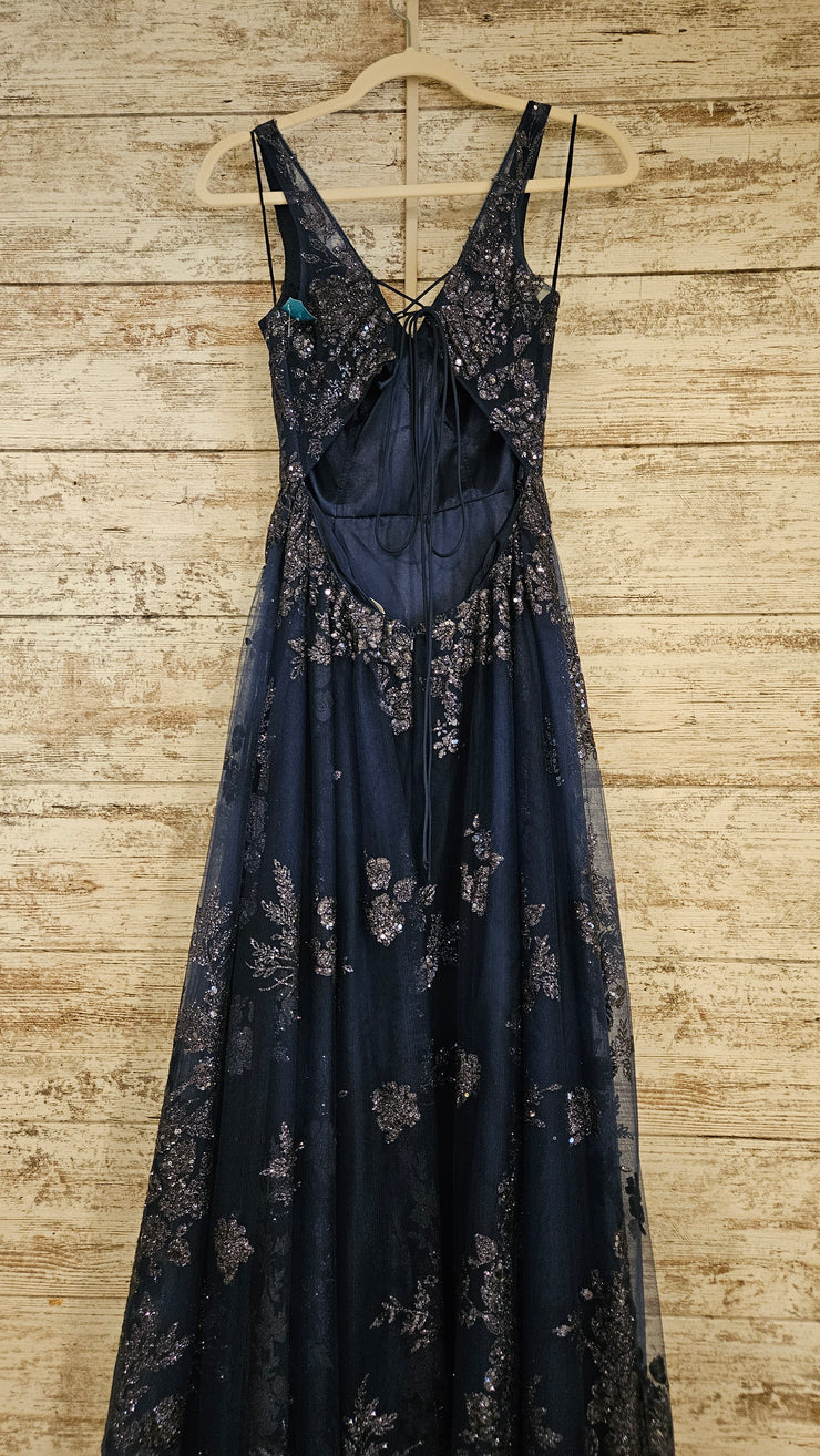 NAVY/SILVER A LINE GOWN (NEW)