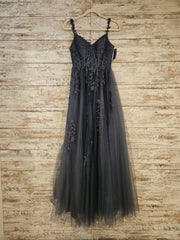 BLUE/GRAY FLORAL A LINE GOWN