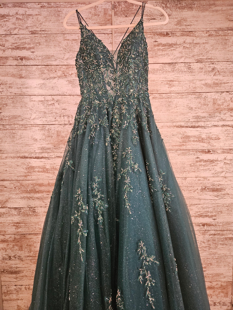 GREEN SPARKLY A LINE GOWN