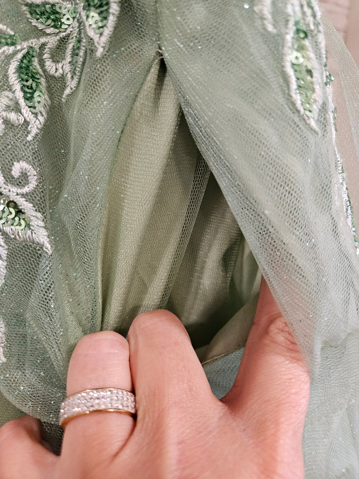GREEN/FLORAL A LINE GOWN