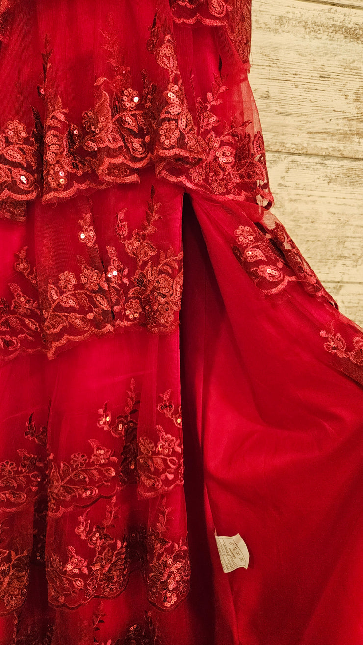 RED RUFFLED SPARKLY LONG DRESS