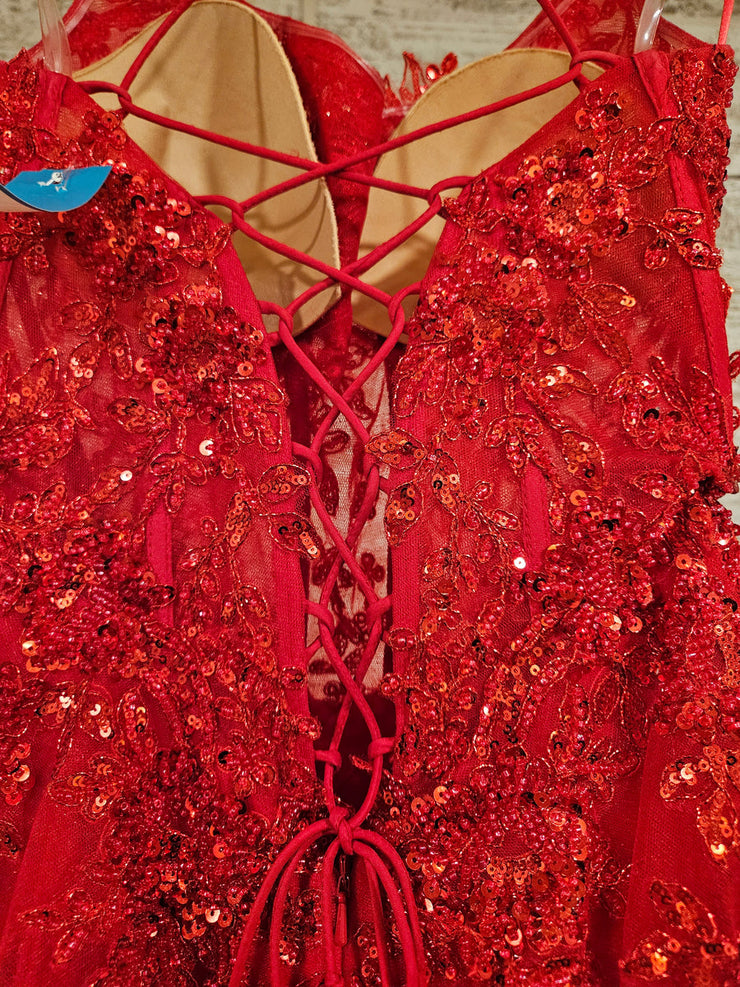 RED/FLORAL SPARKLY A LINE GOWN