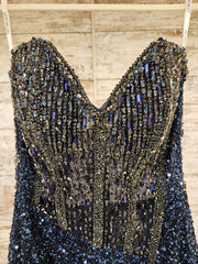 NAVY BEADED LONG EVENING GOWN