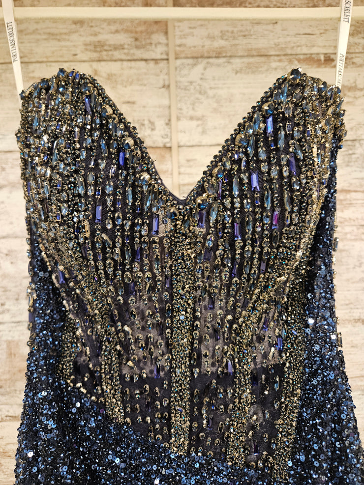 NAVY BEADED LONG EVENING GOWN