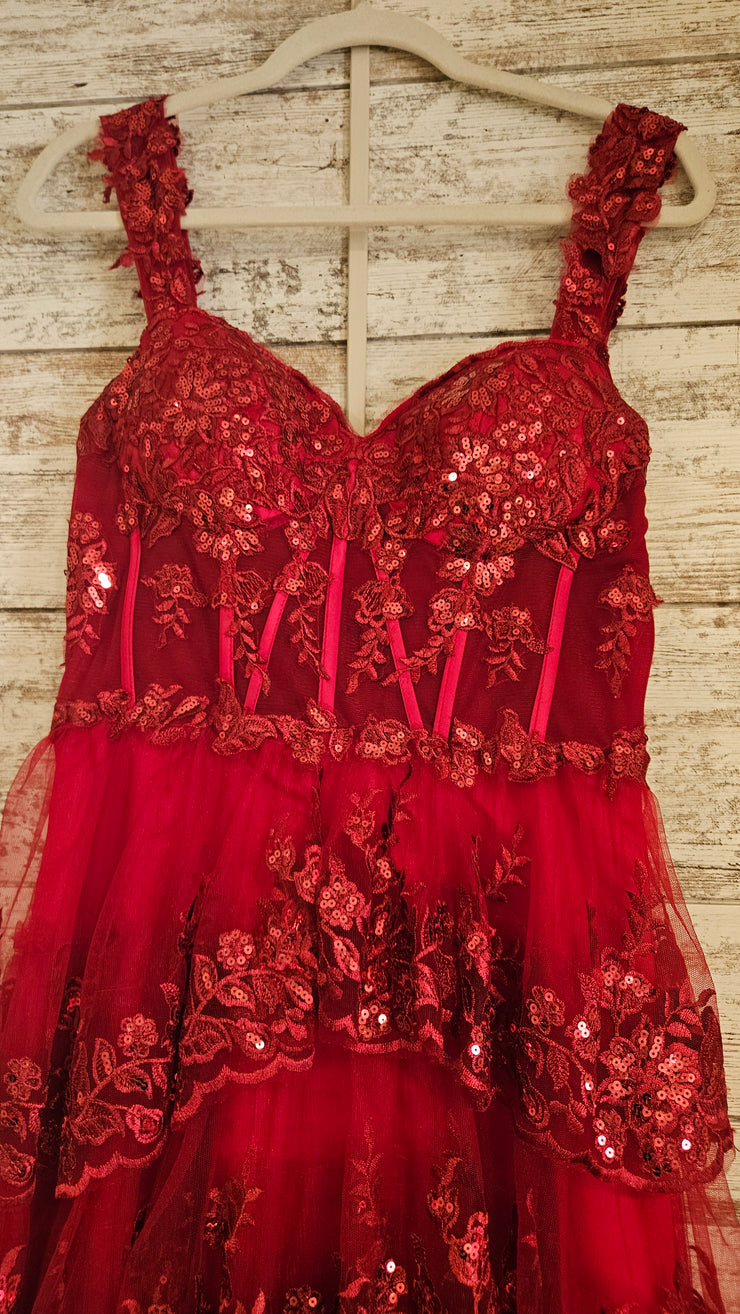 RED RUFFLED SPARKLY LONG DRESS