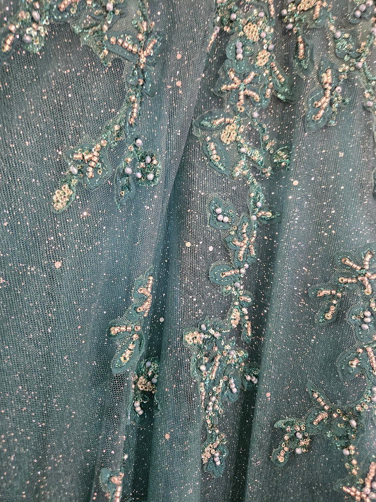 GREEN SPARKLY A LINE GOWN
